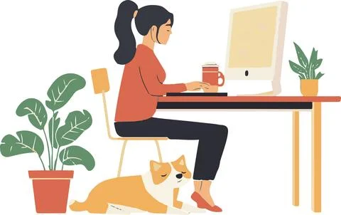 Productive Work-From-Home Environment with Pet Companion Stock Illustration
