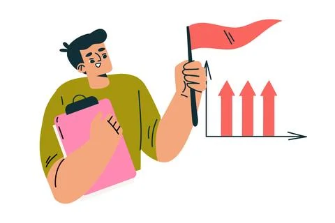 Productive Workflow with Man with Flag and Clipboard Managing Task Vector Illustrazione stock
