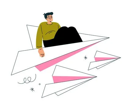 Productive Workflow with Man Fly Paper Plane Managing Task Vector Illustration Stock Illustration