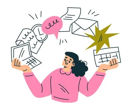 Productive Workflow with Woman Multitasking Managing Task Vector Illustration Stock Illustration