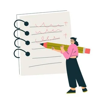 Productive Workflow with Woman Write in Notepad with Pencil Managing Task Vector Illustrazione stock