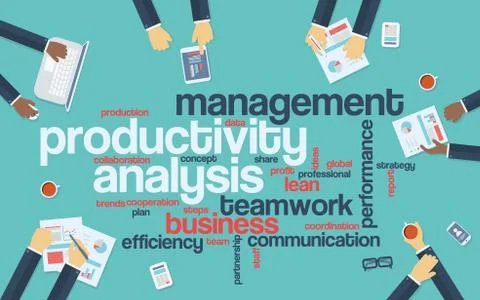 Productivity analysis vector illustration background with team sitting around Stock Illustration
