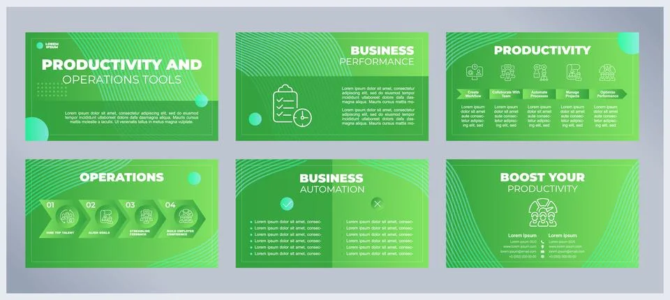 Productivity and operations tools presentation templates set 스톡 일러스트