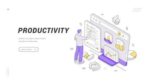 Productivity banner template. Isometric vector illustration of a man analyzin Stock Illustration