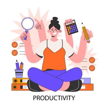 Productivity. Character worktime optimization. Employee job Illustrazione stock