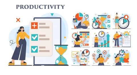 Productivity concept set. Character worktime optimization. Employee Illustrazione stock