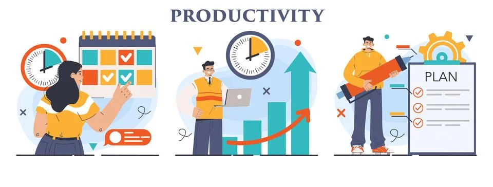 Productivity concept set. Character worktime optimization. Employee Illustrazione stock