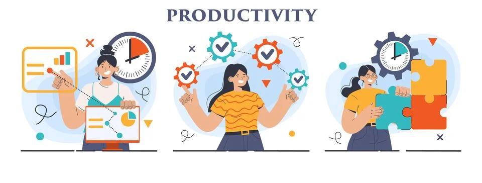 Productivity concept set. Character worktime optimization. Employee Illustrazione stock