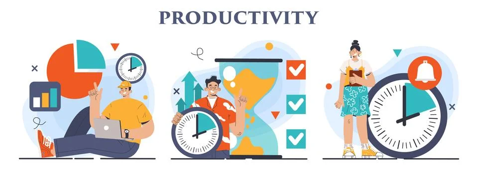 Productivity concept set. Character worktime optimization. Employee Illustrazione stock
