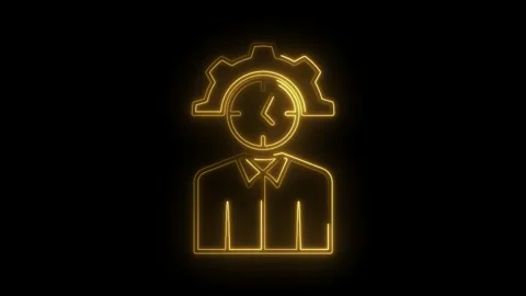 Productivity efficiency neon icon with man clock and gear on black backgrou.. Stock Footage 312331871