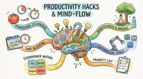 Productivity hacks and mind-flow techniques for enhanced work efficiency Stock Illustration