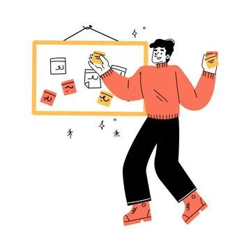 Productivity with Man Character Sticking Task on Kanban Board Vector イラスト素材