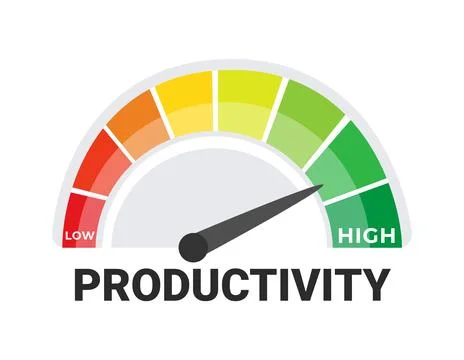 Productivity Meter Vector Illustration with Low to High Scale, Efficiency and Illustrazione stock