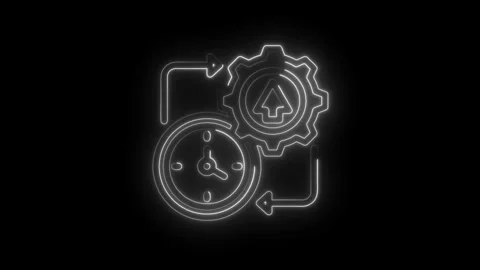 Productivity optimization with neon gear time clock workflow animation on b.. Video stock 312307637