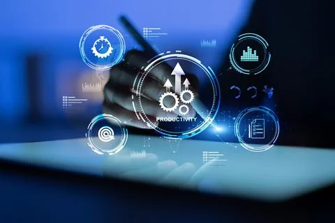 Productivity Performance Analytics Displaying Optimized Workflows and Strateg Stock Photos