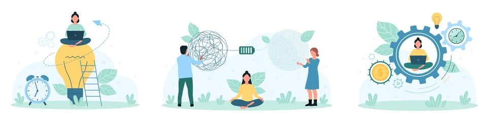 Productivity in problem solving set, people solve difficult issues with smart Illustrazione stock