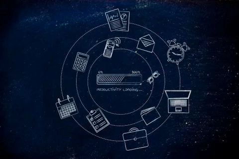 Productivity progress bar &amp; office objects, efficiency concept Stock Illustration