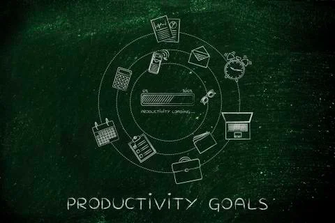 Productivity progress bar &amp; office objects, efficiency concept Stock Illustration