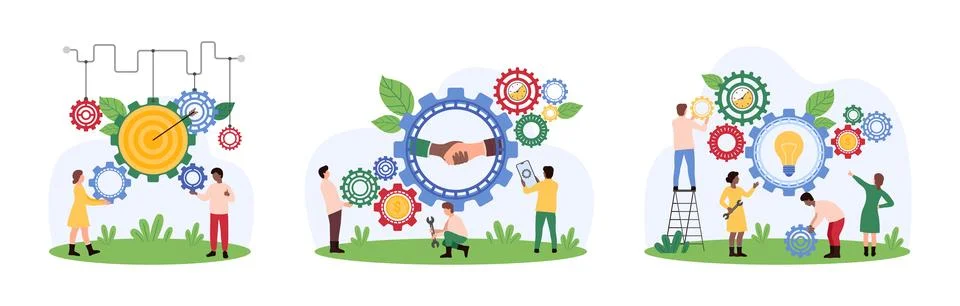 Productivity of teamwork, effective cooperation set, tiny people improve Illustrazione stock