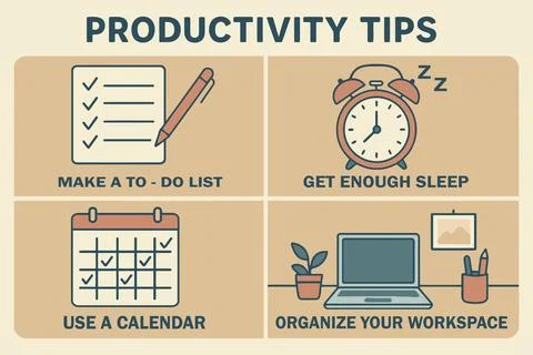 Productivity tips for success make a to do list get enough sleep Stock Illustration