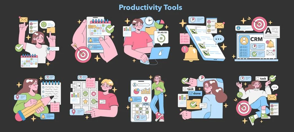Productivity Tools set. Flat vector illustration Stock Illustration