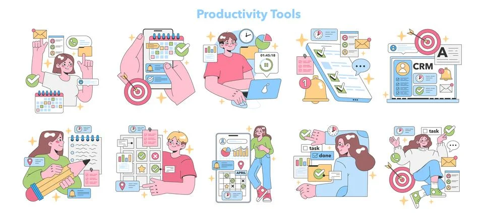 Productivity Tools set. Flat vector illustration Illustrazione stock