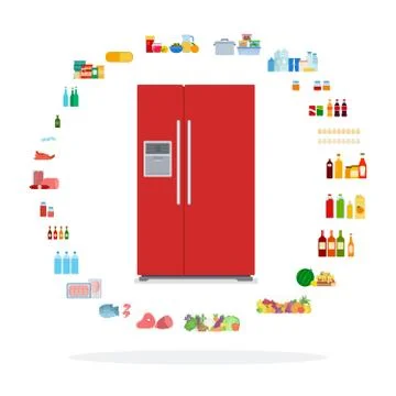 Products around the refrigerator flat isolated Stock Illustration