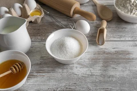 Products for baking on the kitchen table. Stock Photos