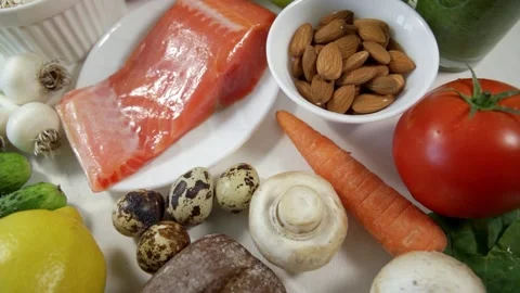 Products for a balanced diet, many different foods on the table. Vitamins and Stock Footage 159522736