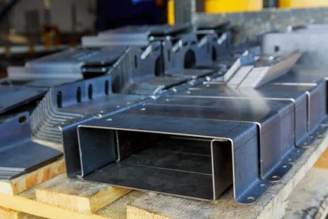 Products bent on a bending machine, close-up. Factory made metal parts. Stock Photos