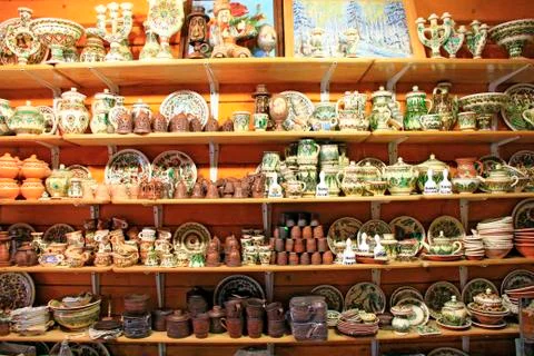 Products of ceramics on sale in shop. Handicraft of making pottery Stock Photos