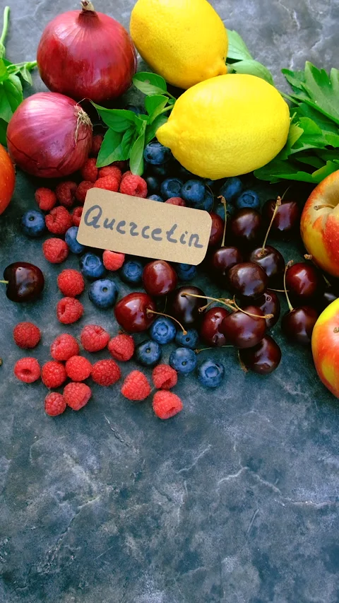 Products that contain quercetin. Selective focus. Stock Footage 318937170