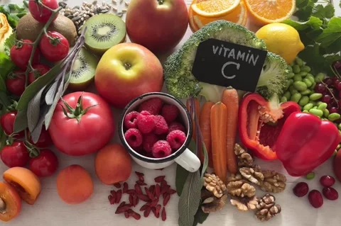 Products containing vitamin C.  Stock Footage 340607689