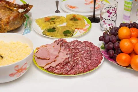 Products on the festive table Stock Photos