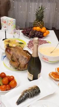 Products on the festive table Stock Photos