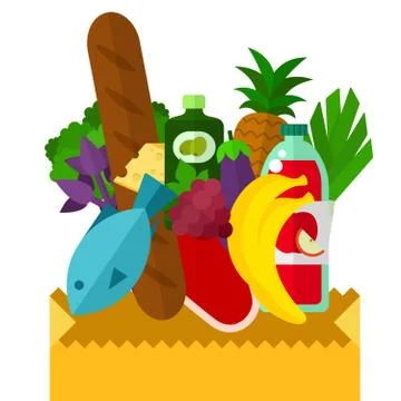 Products jumping out of the bag vector flat isolated Illustrazione stock
