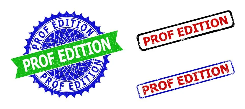 PROF EDITION Rosette and Rectangle Bicolor Seals with Distress Textures Stock Illustration