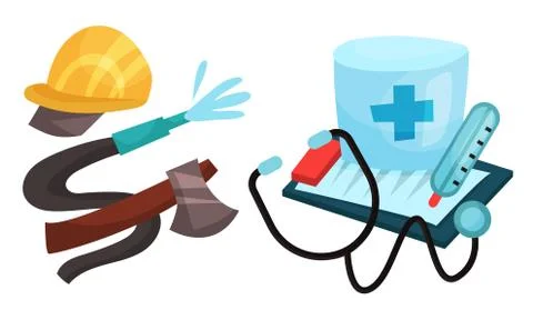 Profession Attributes Composition with Fireman Instruments and Doctor Tools Stock Illustration