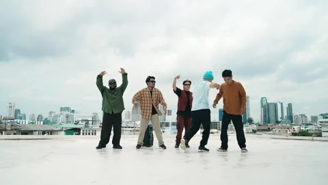 Profession break dancer practice B-boy dance with friends at roof top. hiphop. Stock Footage 269208976