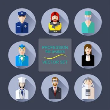 Profession flat avatars with shadows vector set. Various professions icon set Stock Illustration