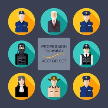 Profession flat avatars with shadows vector set. Police department icons set Stock Illustration