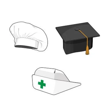 Profession hat set. Nurse cap, cook chef's hat, graduation black square hat Stock Illustration