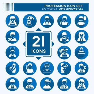 Profession Icon Set in trendy long shadow style isolated on soft blue backgro Illustrazione stock