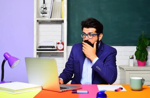 Profession, learning, education and knowledge concept. Teacher job. Surprised Stock Photos