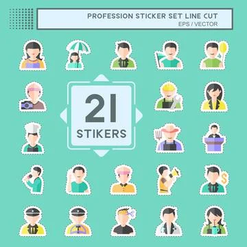 Profession Sticker Set in trendy line cut isolated on blue background Stock Illustration