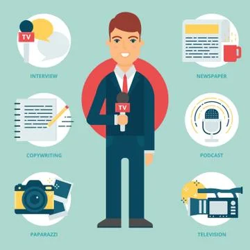 Profession: TV reporter, Journalist. Vector illustration, flat style Stock Illustration