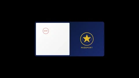 A professional 2D vector animation of a navy blue passport with gold accent.. Видео 346202377