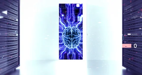Professional 3D animation of server room transitioning to AI circuit board. Stock Footage 332293802