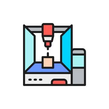 Professional 3d printer, 3 dimensional model flat color line icon. Stock Illustration