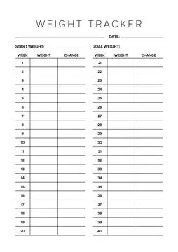 Professional 40 Week Weight Tracker A4 Template Minimalist Fitness Progress.. 스톡 일러스트